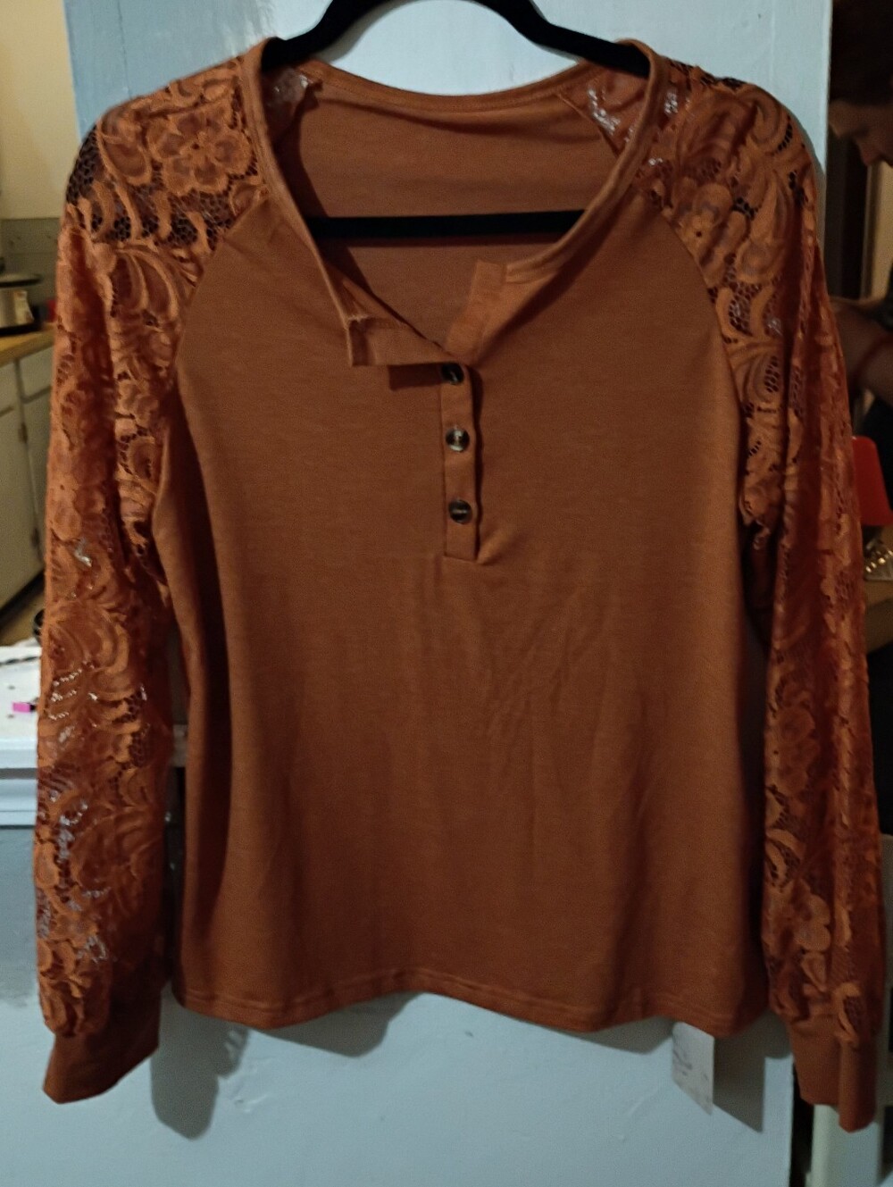 EMERY ROSE Burnt Orange Lace Sleeve Henley Top Size Medium